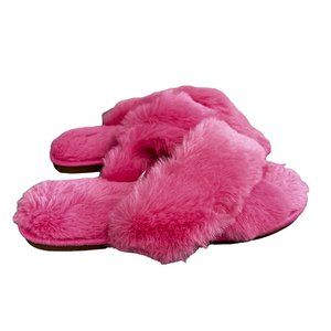 J Crew Slippers Slides Faux Fur Pink Plush Cross Straps size 8 Women NWOT